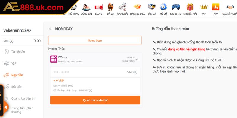 Lưu ý khi nạp và rút tiền AE888